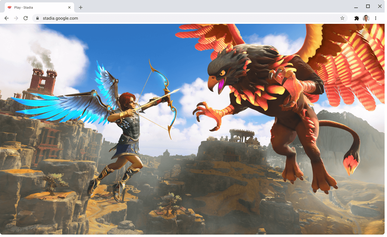 Showing a stadia.google.com web page with a game in-progress.