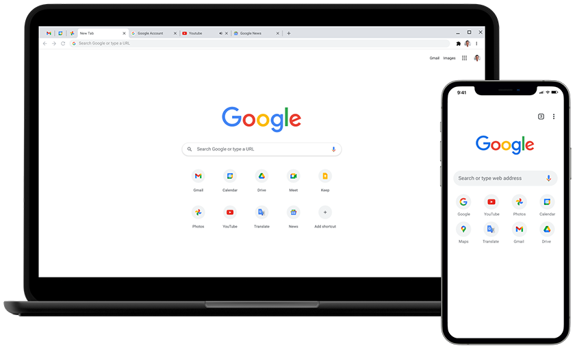 Laptop and mobile device, displaying the Google.com home page.