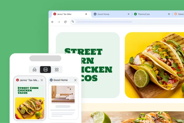 Dieselbe Rezept-Website auf verschiedenen Geräten – ein Tab lässt sich überall finden, wo du in Chrome angemeldet bist.