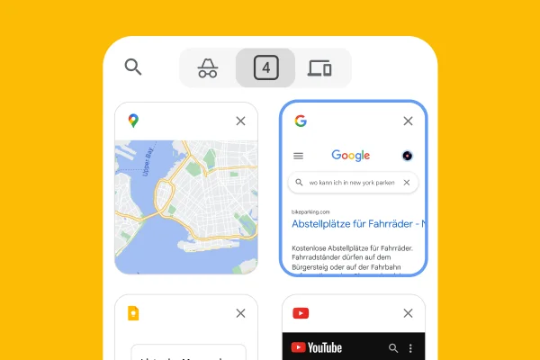 In einem mobilen Browser werden Tabs von einem Desktop-Browser geladen, darunter Google Maps und eine Suche nach Parkmöglichkeiten.
