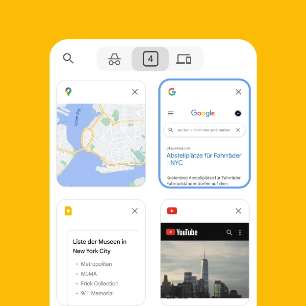In einem mobilen Browser werden Tabs von einem Desktop-Browser geladen, darunter Google Maps und eine Suche nach Parkmöglichkeiten.