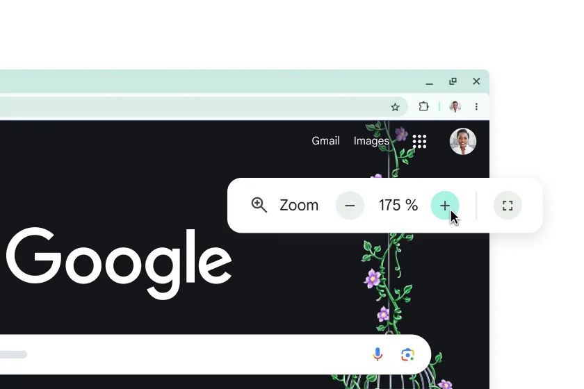 The Google homepage with enlarged elements and a pop-up with Zoom set to 175%