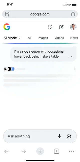 From the home screen of the Chrome mobile app, a user opens AI Mode. They tap \'Ask anything\' to open the keyboard.